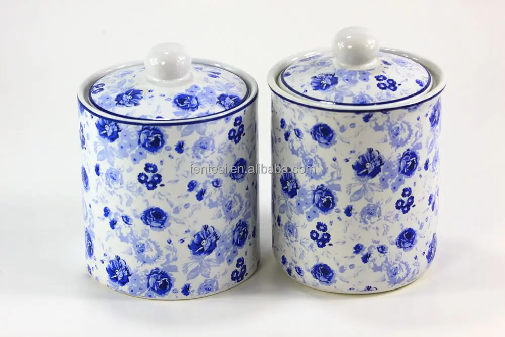 ceramic storage jar with blue & white decal