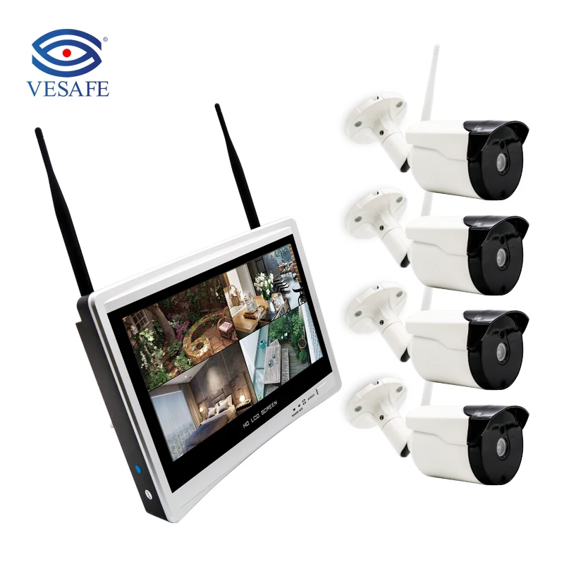 VESAFE CCTV 4CH  H.265 12 inch LCD Monitor Cctv Camera System Waterproof Wifi NVR Kit Indoor And Outdoor Monitoring Package