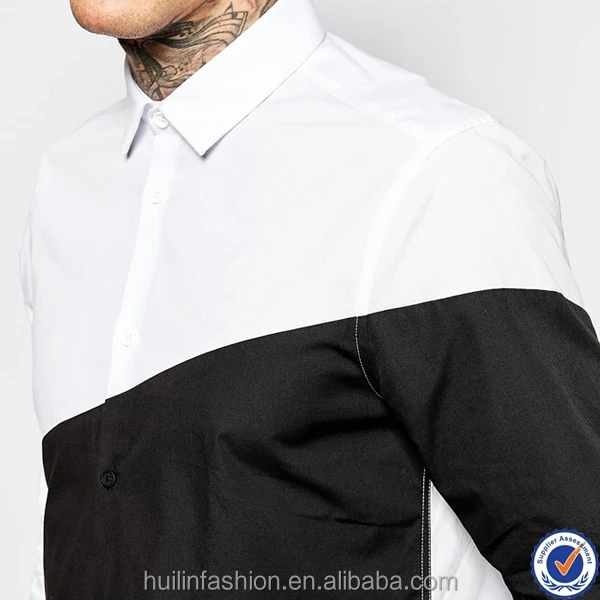 Factory directly supply half black half white mens casual shirt high quality long sleeve diagonal cut t-shirt for men
