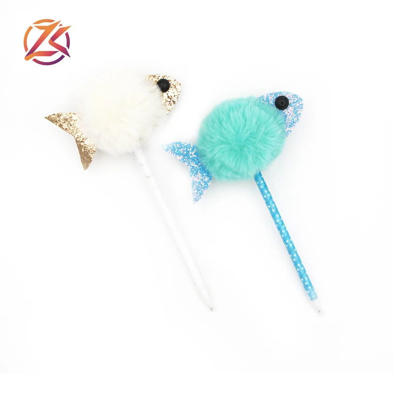 
2018 high quality lovely animal fish shape fuzzy pom pom pen kids ball pens 