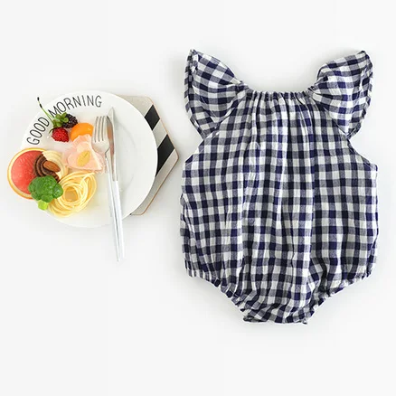 new arrival bodysuit organic cotton baby romper summer bodysuits gingham flutter pajamas
