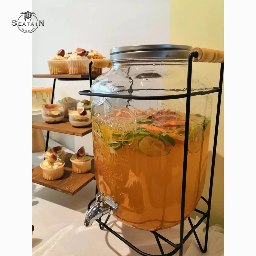 High quality glass honey syrup beverage drink dispenser with gold lid and frame