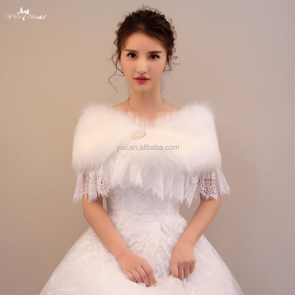 
LZP190 Beautiful Off Shoulder Wedding Shawls White Fur Bolero And Lace Winter Wedding Cloak 