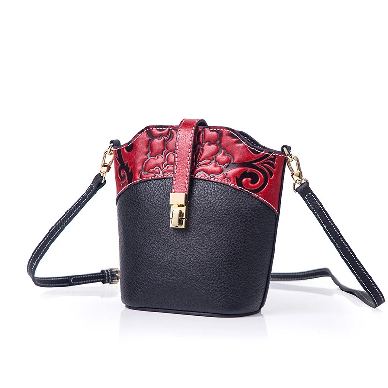 2020 New Fashion Korean Style Embossed Cowhide Leather Handbags Ladies Hand Bucket Bags For Women