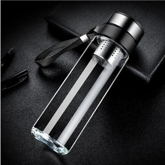 350ml Borosilicate Business Type Water Bottle Glass Bottle with Stainless Steel Tea Infuser Filter Glass Water Bottle