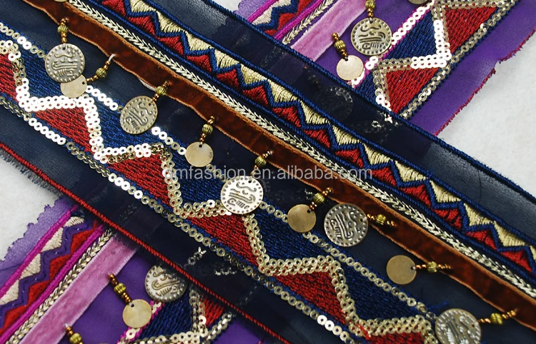Ethnic style boho trim with fringe, embroidery indian beaded lace trim with copper sheet