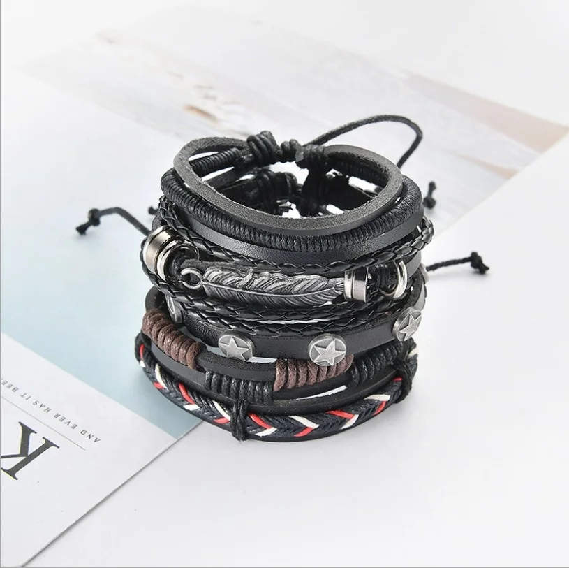 Vintage Metal Feather Star Charm Custom Braided Unisex Leather Bracelets