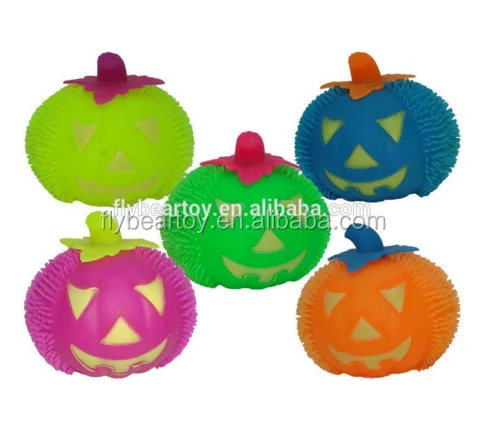 Different Color Hairy Tpr Puffer Ball Toys Squeeze Flashing Halloween Pumpkin Led Spick Puffer Ball Stress Reliever Balls Toy