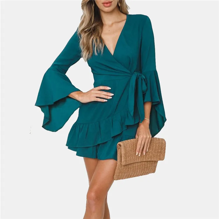 D2612 Custom Logo High Quality Women Ruffle Long Sleeve Casual Shirt Dress