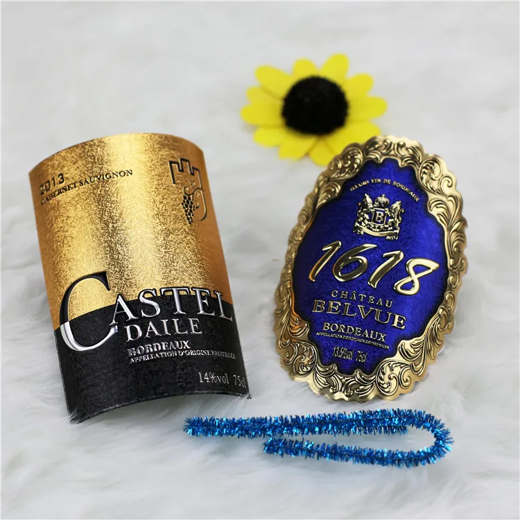 Embossed Metal Waterproof Wine Labels Custom Size Paper Stickers for Beer and Beverage Bottles metallized paper for beer label