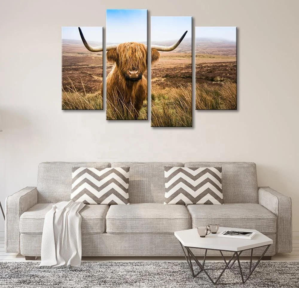 4 Panels Cow Wall Art for Home Decoration Texas Longhorn Pictures Extra Large Animal Wildlife Wall Decor Print on Canvas