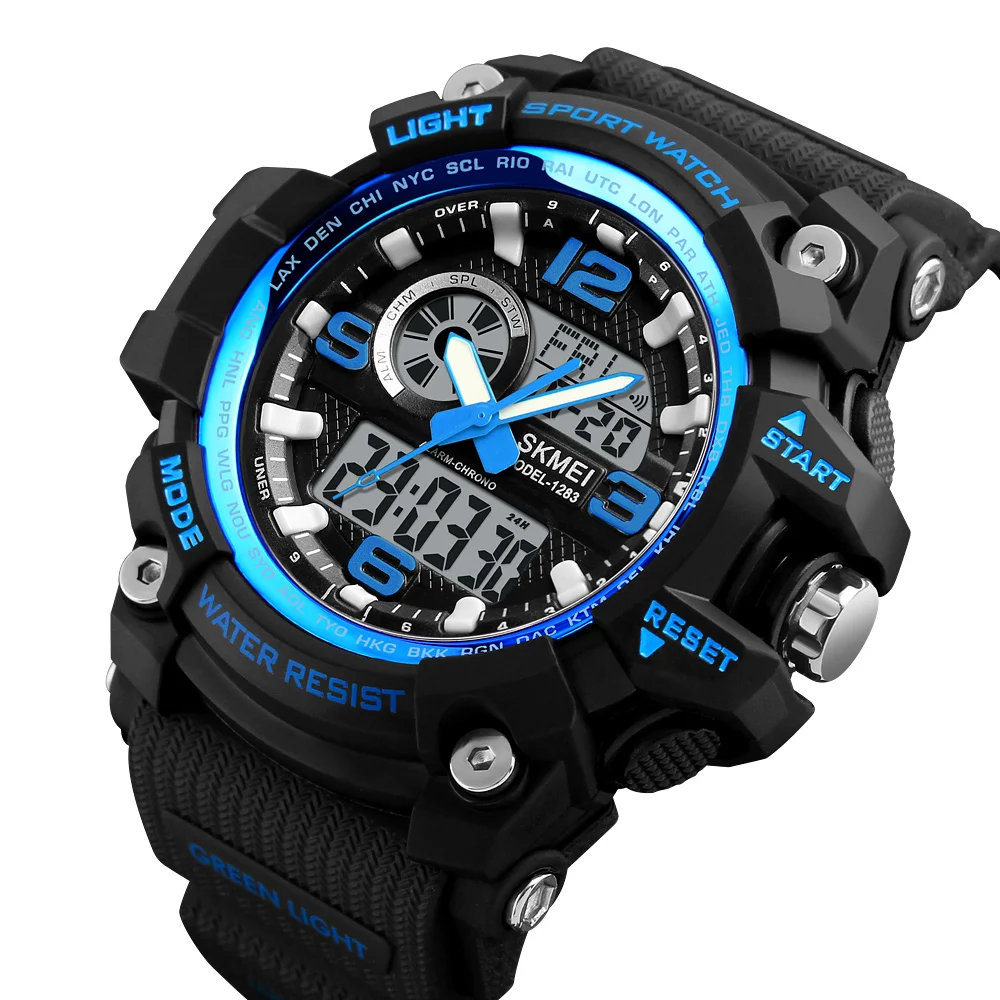 Multiple dual time Alarms waterproof with Date Chronograph men black plastic digital sports watch wristwatch