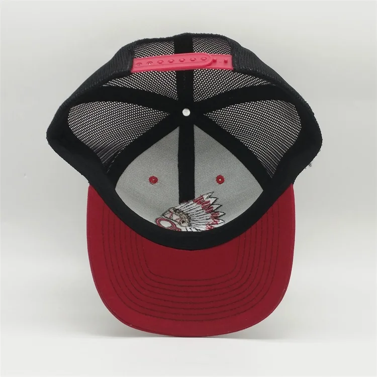 Premium 6 Panel Red Brim Trucker Hats With Custom Logo Mesh Cap