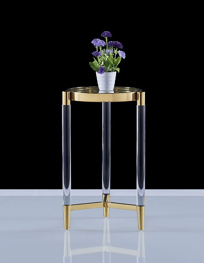 
2020 Hot Selling Round Side Table Gold Acrylic End Table Stainless Steel Brass Triangle Coffee table 