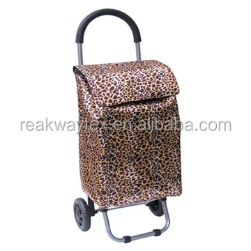 RW6205 China Shopping Bag Factory Supply Portable Folding Trolley Shopping Bag With Wheels In Leopard Print