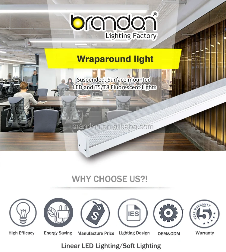 Wrap fixture T5 T8 fluorescent lamp PC cover surface mount led linear batten light