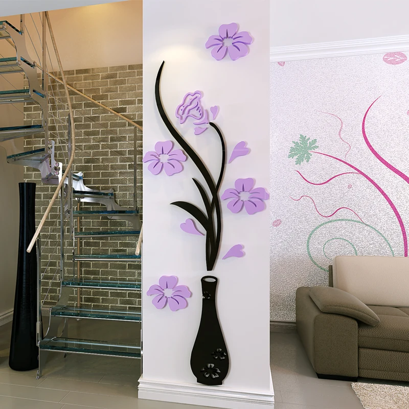 Acrylic 3D Plum Flower Vase Wall Stickers home decor creative wall decals living room Home Bedroom Decor DIY Wall sticker
