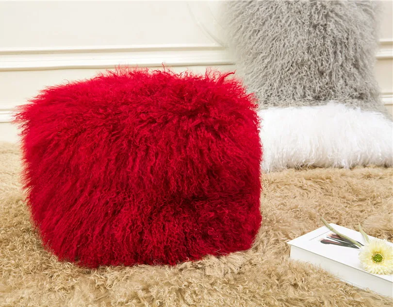 Grey Color Best Seller Custom Square Pouf Genuine Mongolian Lamb Skin Covers