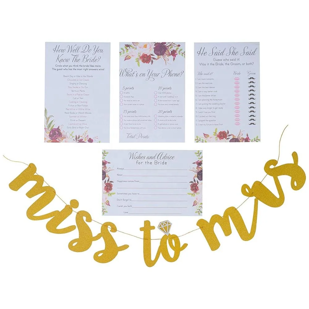 
Floral Bachelorette Party Games with Miss to Mrs Banner and Gold Dots 