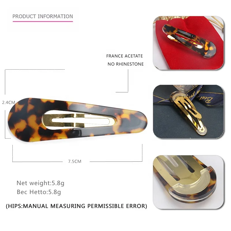 Custom High Quality Acetate Snap Hair Clip Classic Tortoiseshell Hair Clip Large 7.5cm Acetate Snap Clips
