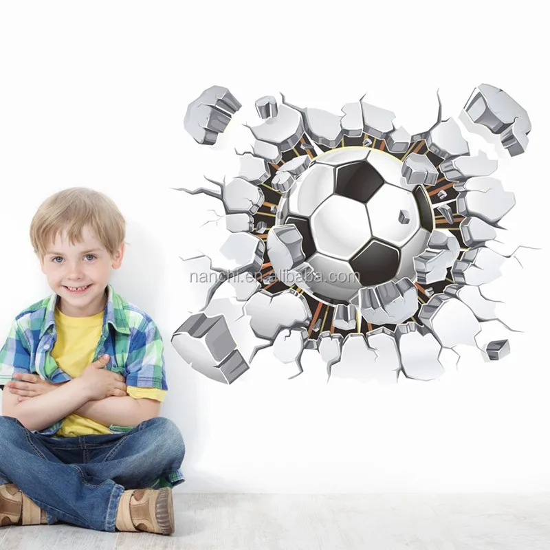 Football Soccer ball through the wall wall decals room decor 3d wall stickers kids boys room decoration