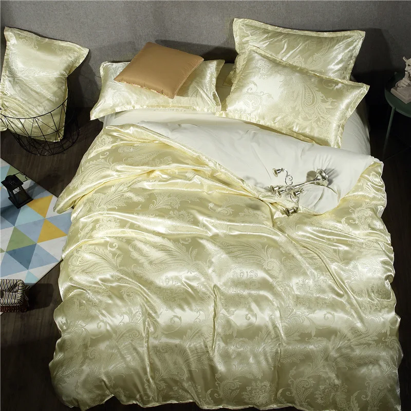 
Home Textile Wholesale Home Textile Satin Jacquard 100% Polyester Silk Plain Quilt Bedding Sheet Set 