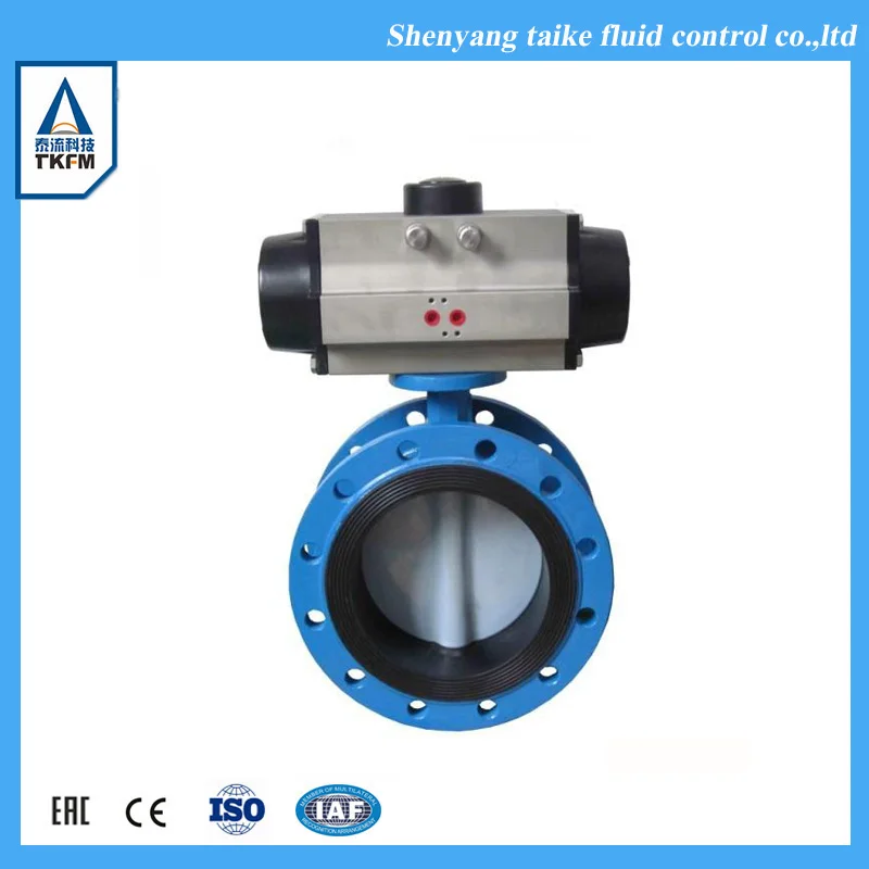 TKFM Лидер продаж чугунный высокопрочный двойной фланцевый Пневматический клапан-бабочка с ПТФЭ сиденьем pn16 dn50
