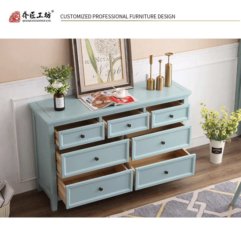 Factory Directly Supply Modern Blue Commodity TV Stand Natural Wooden Chest Drawer Living Room Cabinet