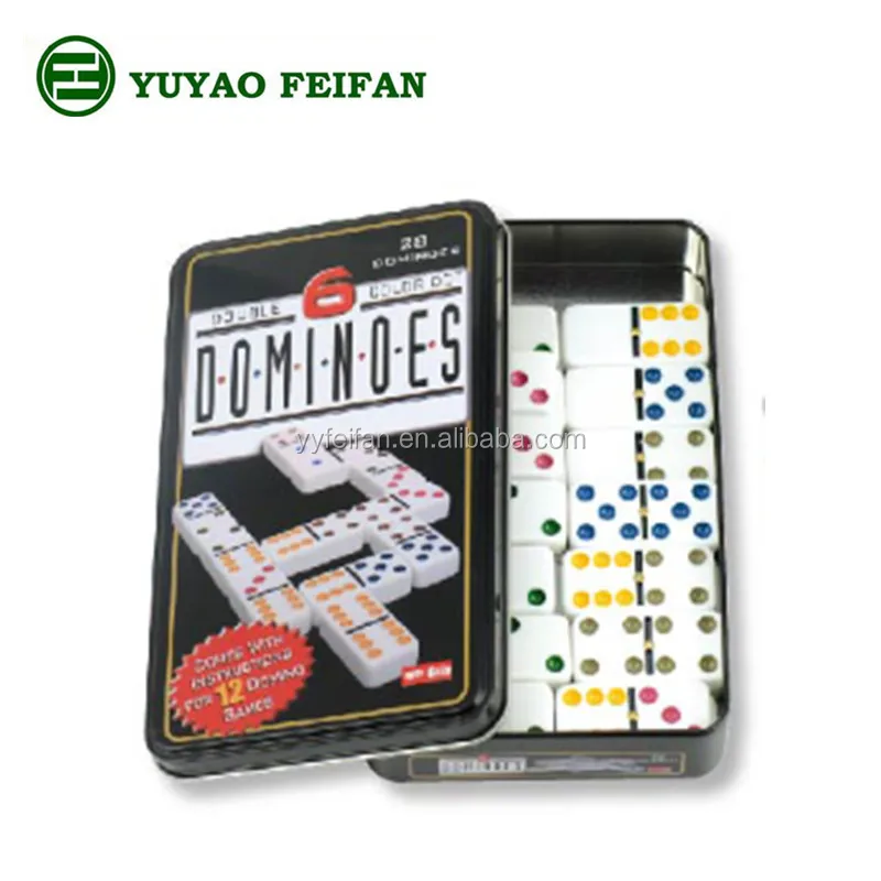 D6 double six 6 domino game set in tin box with colorful dots
