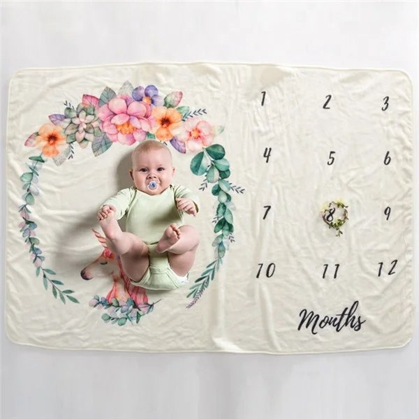 
Fashion New Born Baby Monthly Milestone Blanket Custom OEM Unicorn Design Cute Kids Soft Flannel Fleece Organic Baby Blanket 