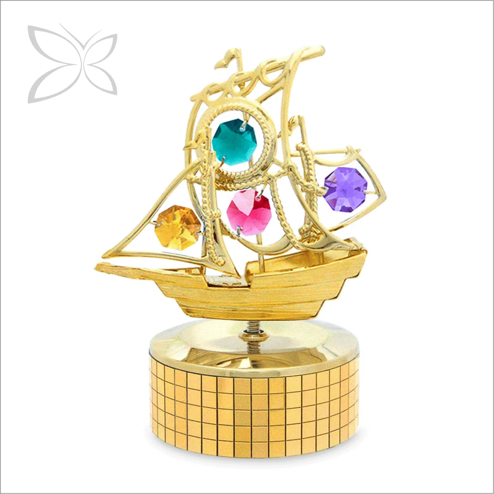 Crystocraft High quality gold plated sailboat decorated with Brilliant Cut Crystals music box for girlfriend gift