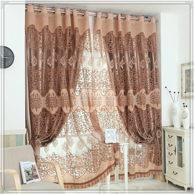 96 Inch Elegant Jacquard Fabric Embroidered Double Layer Ready Made Blackout Window Curtains for the Living Room Bedroom
