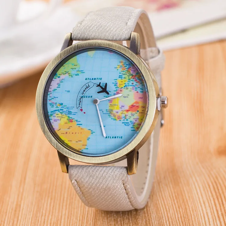 Flight Airplane Travel World Denim Strap Quartz Watches Women Dress Wristwatch Gifts Bronze World Map Watch