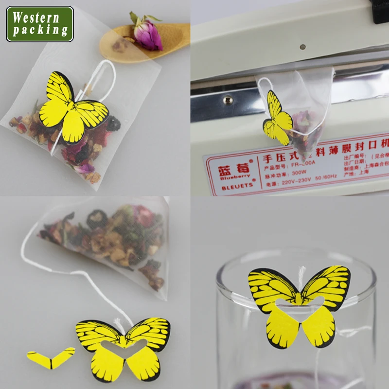 Customized logo printed empty nylon drawstring tea mesh bag with butterfly tag