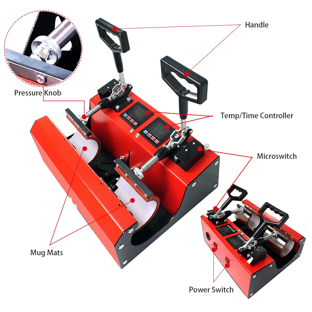 Red Color Double Station LED Screen 11oz Mug Heat Press Machine with CE Approved