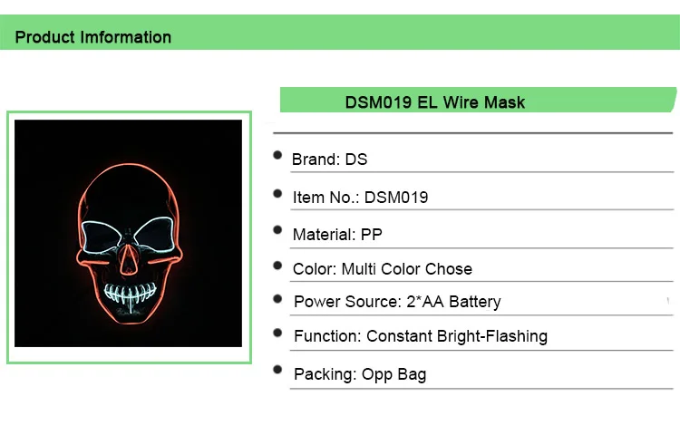 El Wire Neon Nightlife Light Up Scary Death Skulling Mask Skeleton Mask