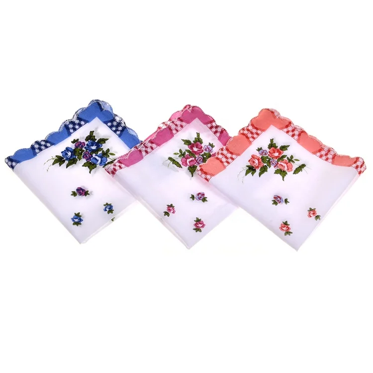 Custom Design Bulk Scalloped Edge Ladies Floral Printing Cotton Handkerchief