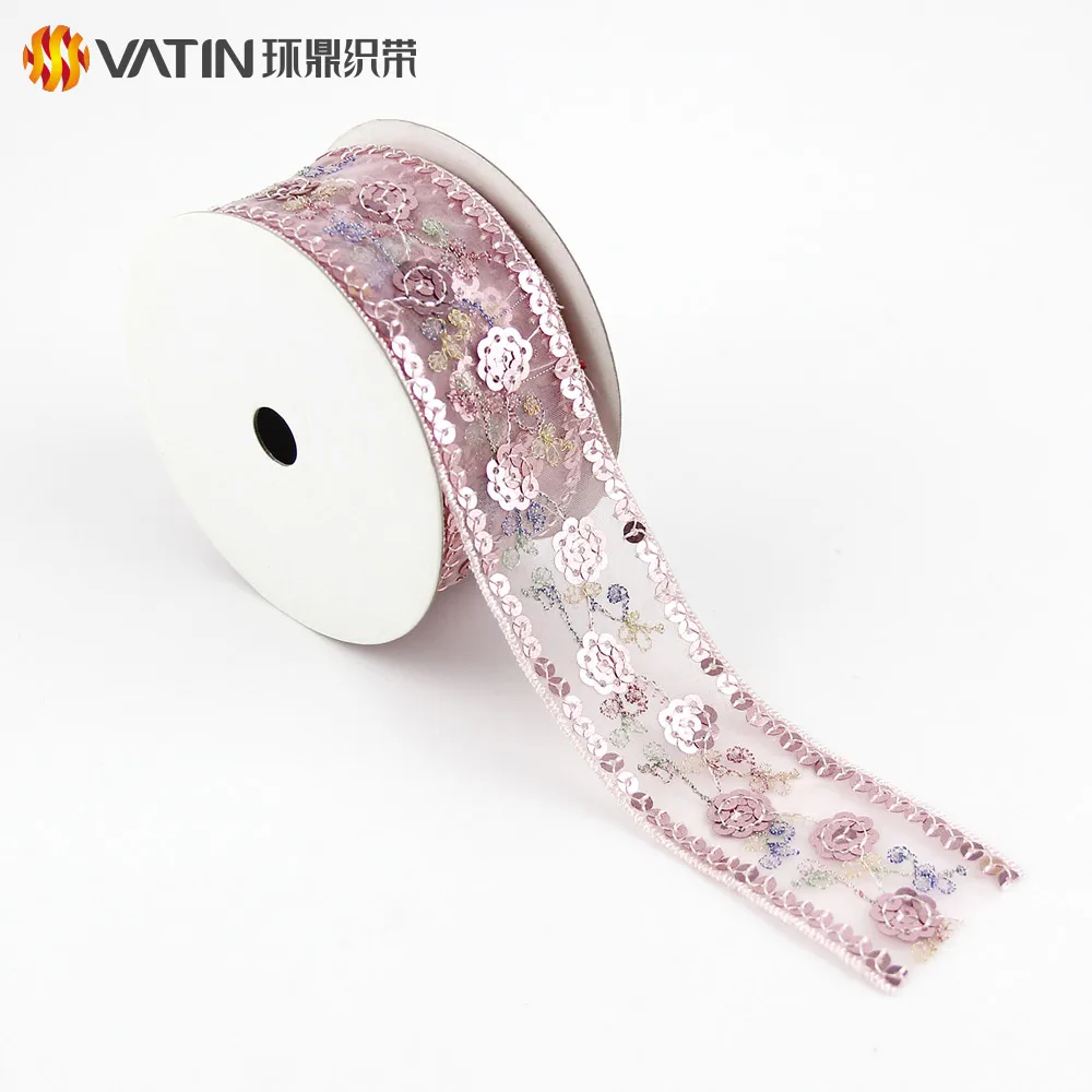 
Mesh Laces Custom Promotional New Design Gift Glitter Sequin Organza Ribbons 
