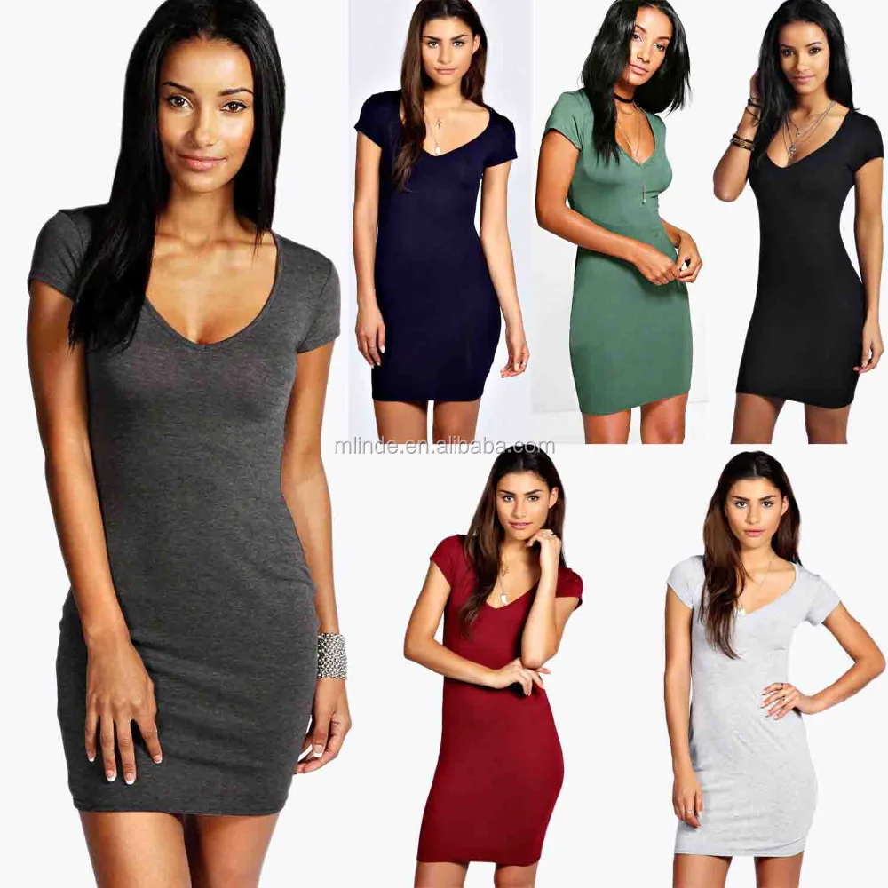 Alibaba Online Shopping Womens Clothes Deep V Neck Best Selling Design Tshirt Bodycon Dress In 2017