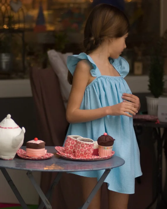 2017 New Product Fancy Dress Girls Blue Puffled Seersucker Short Bubble Dress Sets Fashion Girls Cotton Summer Dresses