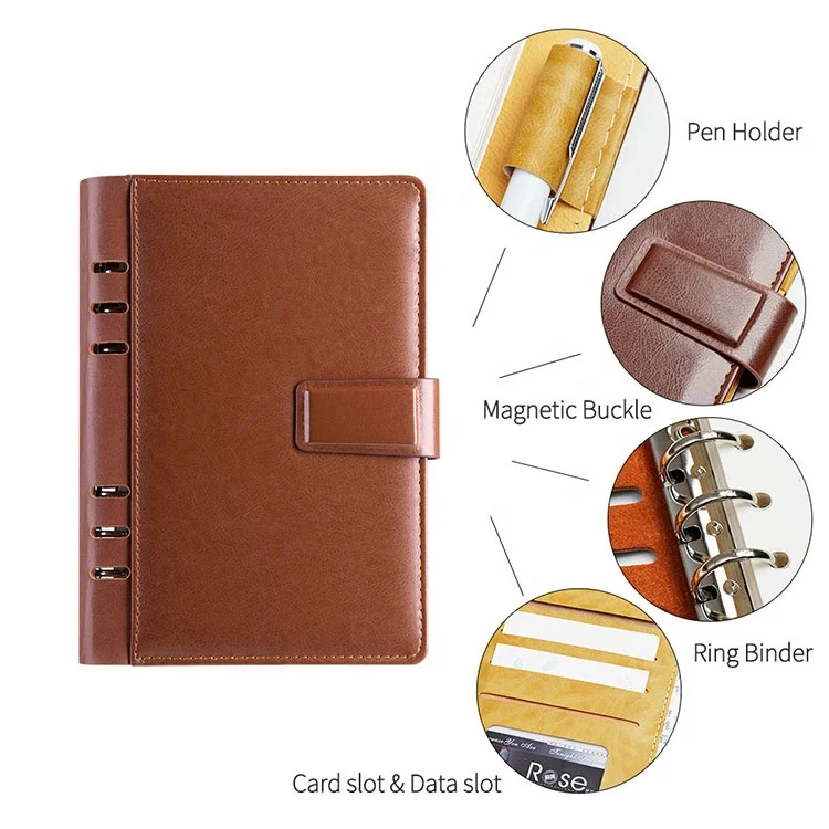 Office school stationery organizer loose leaf 6 rings binder business notebook pu leather customizable note book