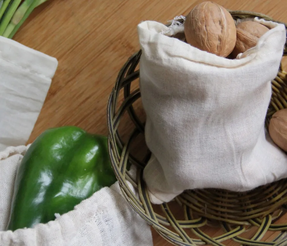 Biodegradable Reusable Organic Cotton Grocery Produce Drawstring Mesh Bag for Vegetable Fruit