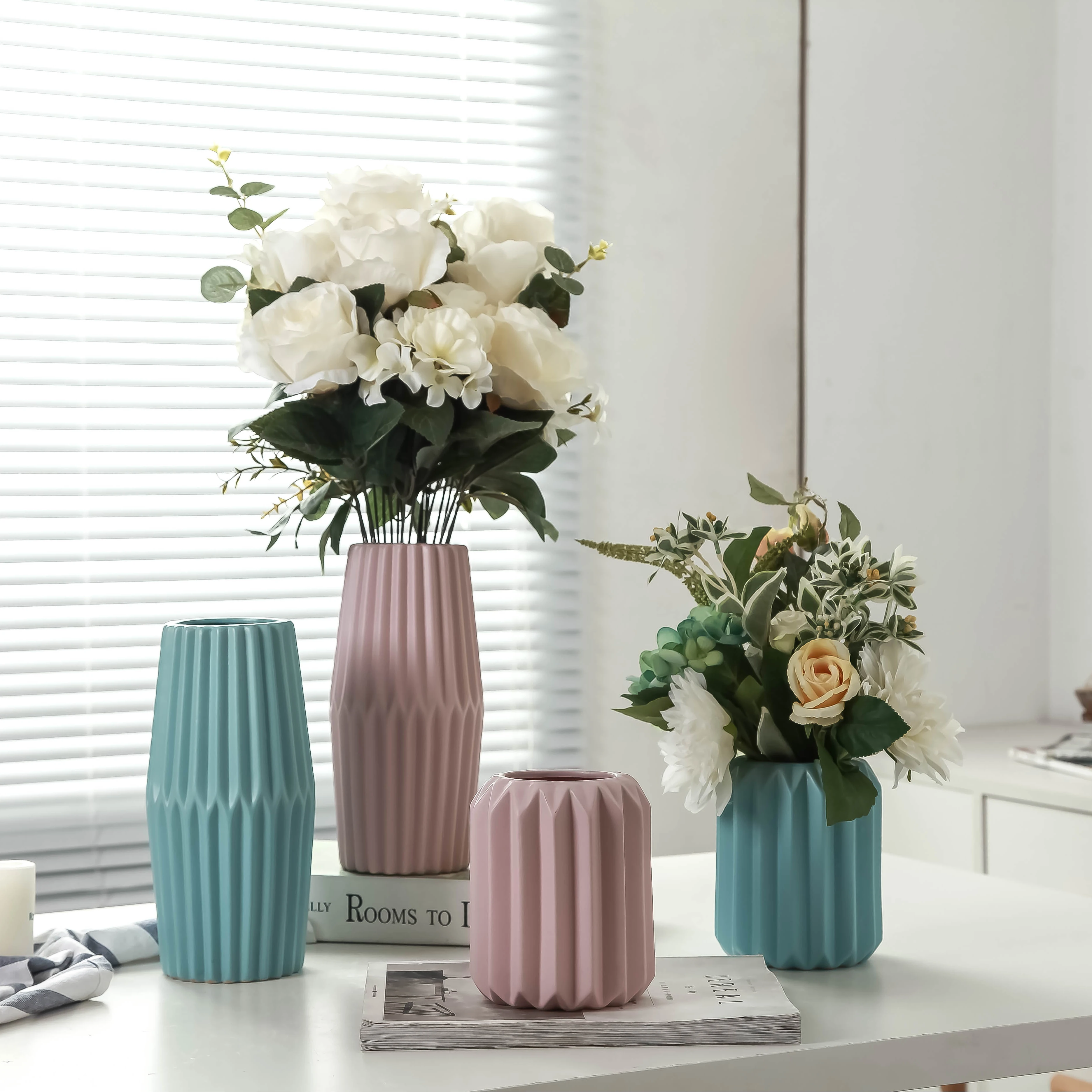 
Differing style assorted color matt tall cream ceramic geometric vase  (62128707007)