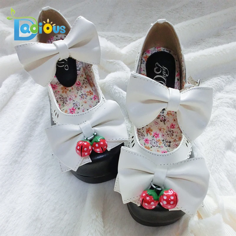 DDLG Little Girls Womens Bows Bells Buckle Lolita Shoes Cosplay Chunky Mid Heels For Ladies