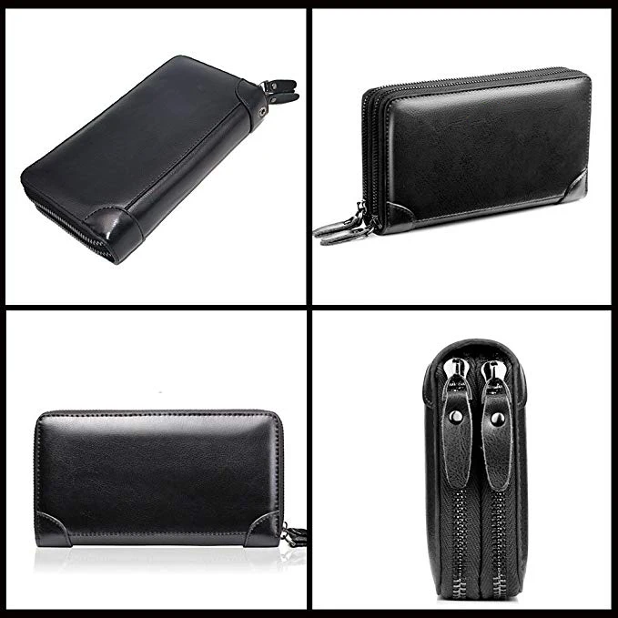 Mens Clutch Bag Handbag Leather Zipper Long Wallet Business Hand Clutch Phone Holder
