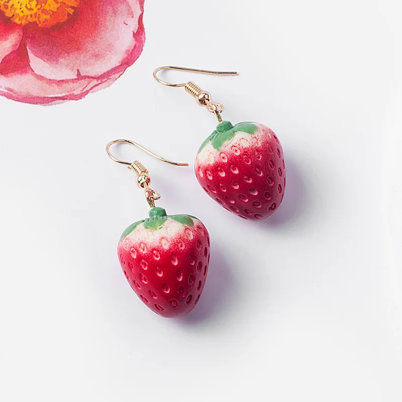 Korean Creative Simulated Strawberry Ear Hole-free Ear-clip Net Red ins Interesting Fruit Mixed Batch Long Acrylic Earrings Fema