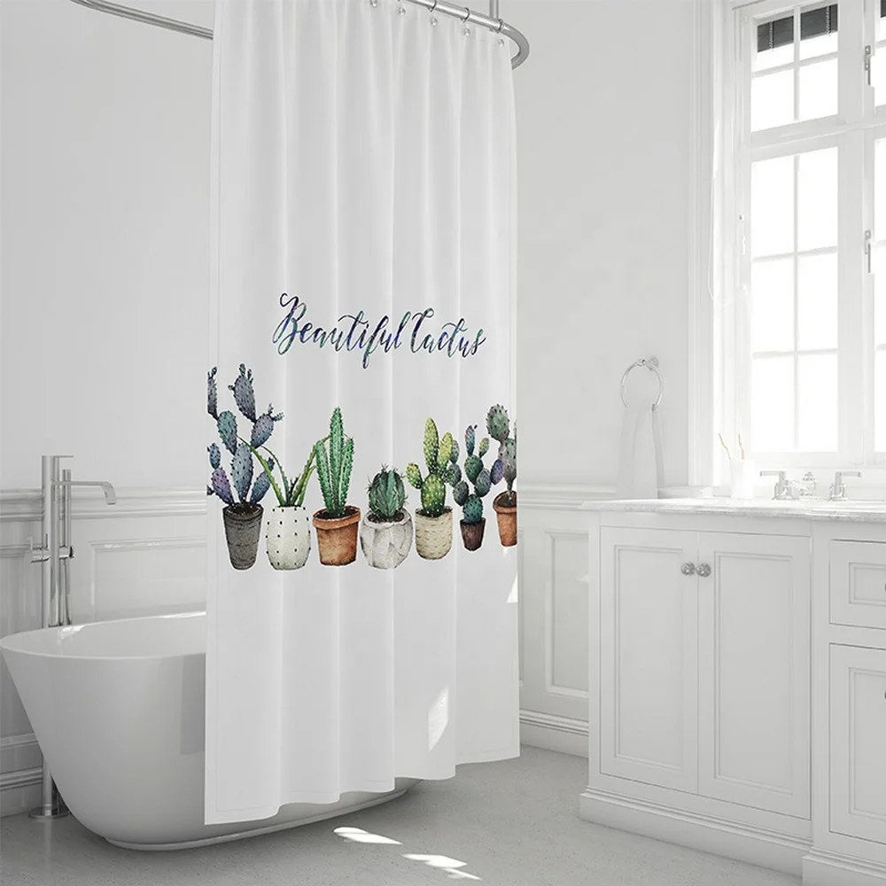2024 Trending Home Goods Bathroom Bath Product Mouldproof Waterproof 3D Green Cactus Cartoon Design Shower Curtain