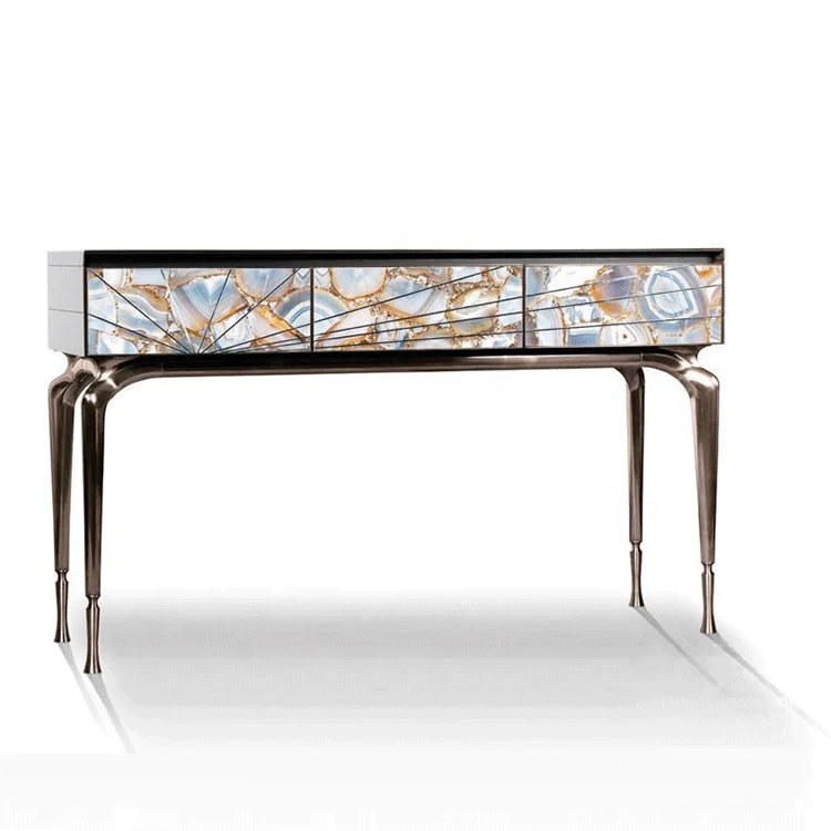 Modern luxury agate stone stainless steel console table Vissionaire style rose gold champaign gold living room console tables