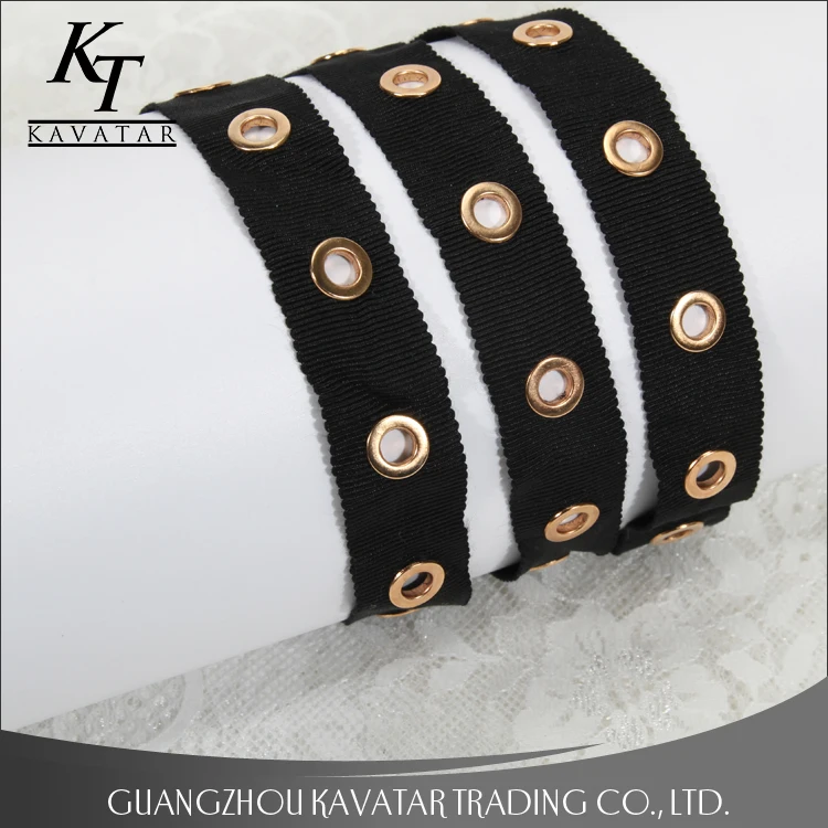 Wholesale gold eyelet stud grosgrain ribbon trim for garment and bags use Eyelet belt