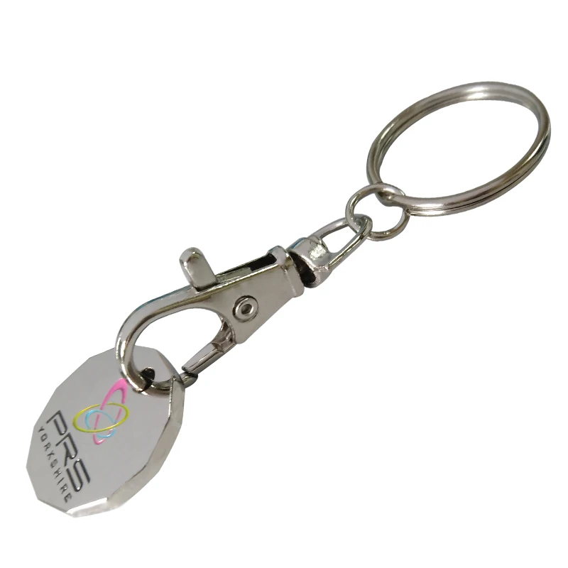 2017 UK new 12 sides shape promotional customized logo shopping trolley coin key chain with CMYK aluminum printed decals